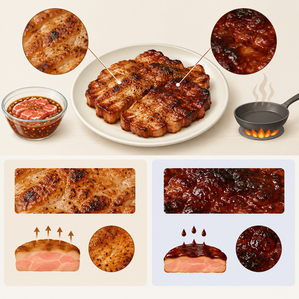 AI 생성 설명 이미지: 안산일동맛집 유니드정육식당 | 양념의 탄화와 고기 표면 갈변 구분하기